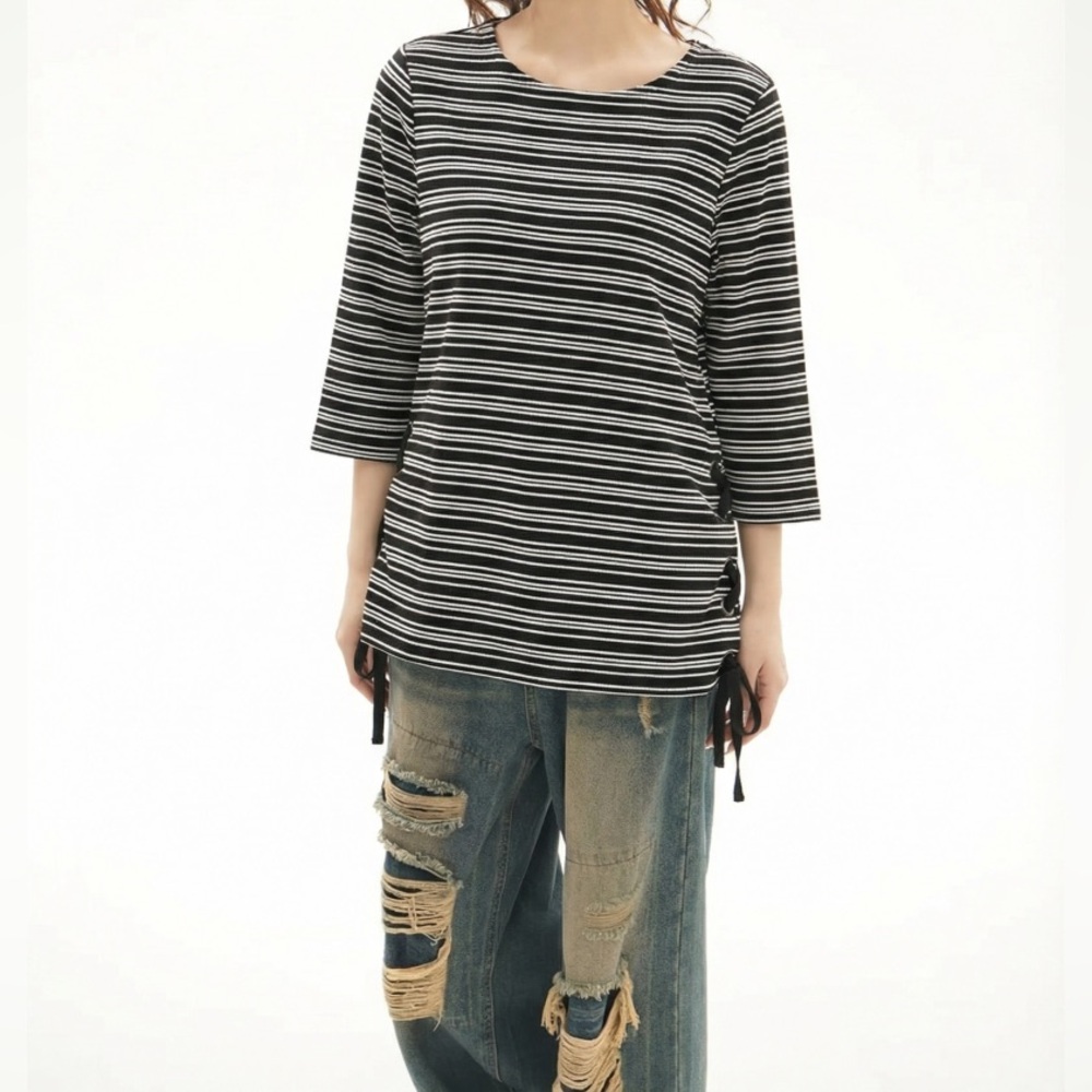 IMNYC Isaac Mizrahi Striped Tie Lace Blouse